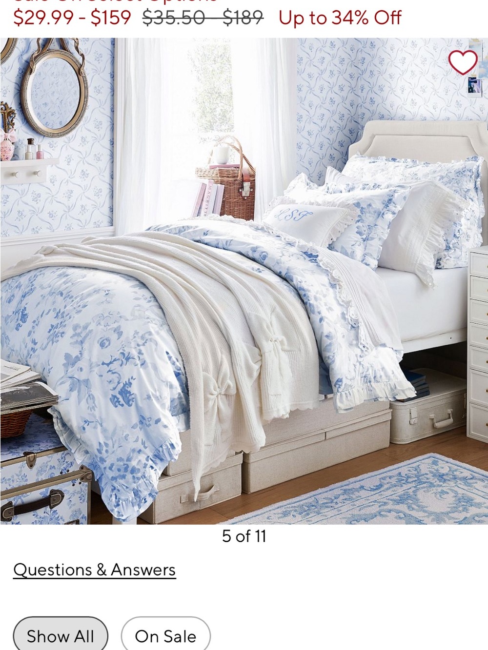 LoveShackFancy Blue and White Garden Damask Ruffle Wedge Pillow - Picture 3 of 6